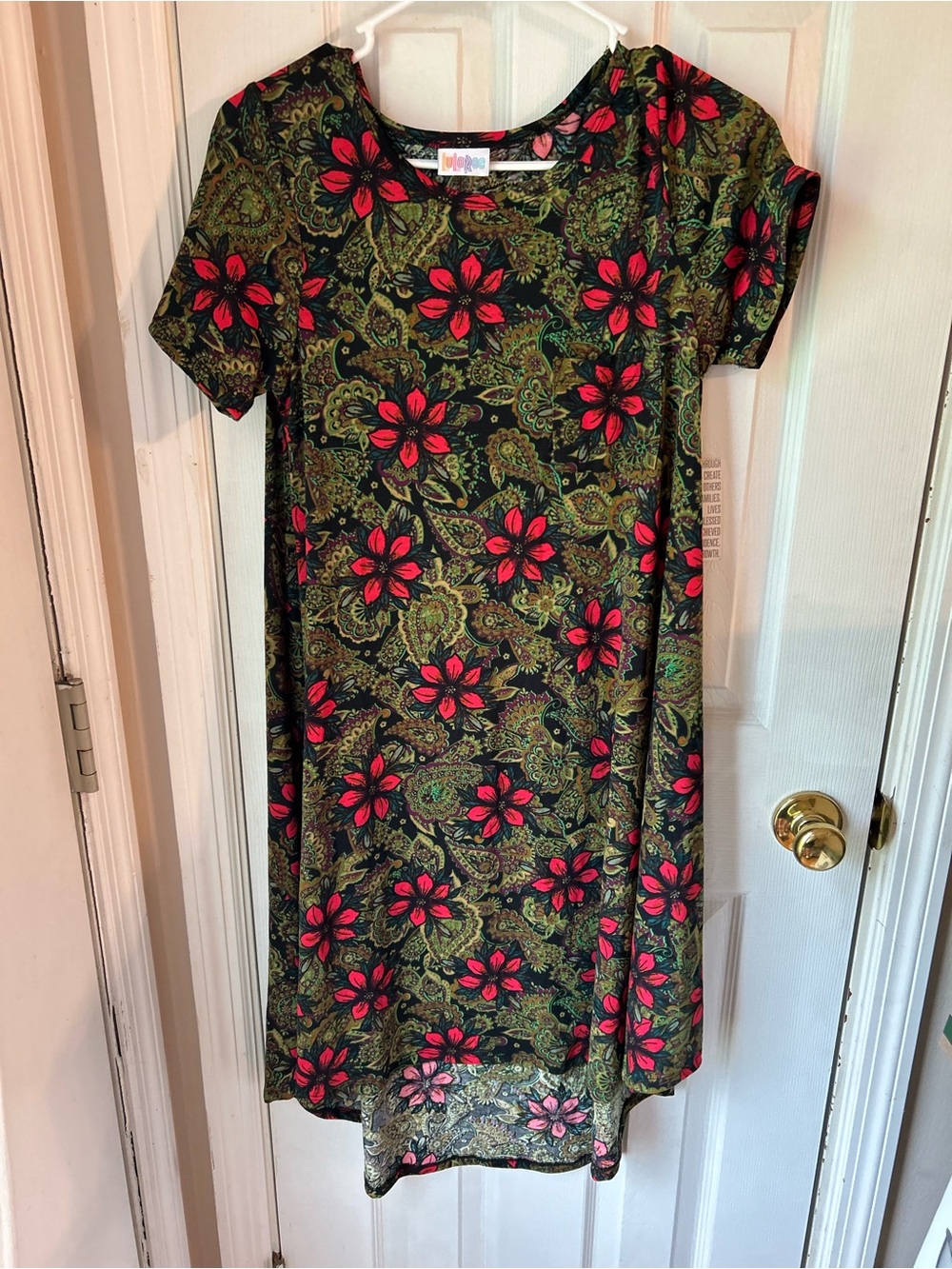LuLaRoe Black Dress with Red Floral & Olive Paisley